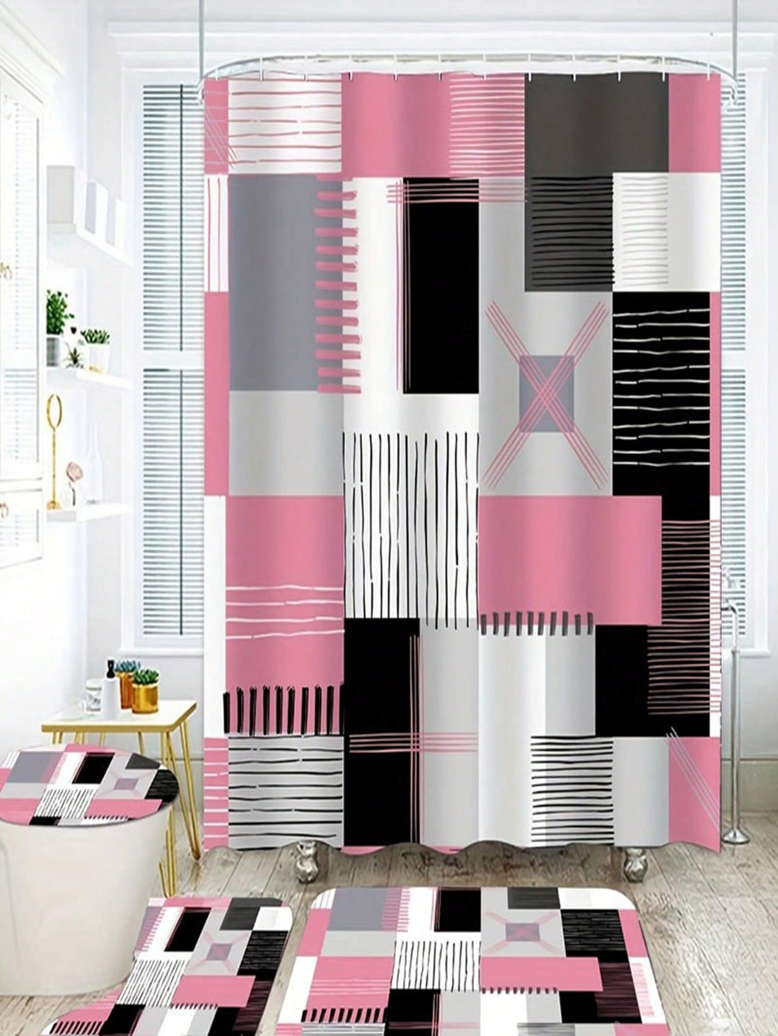 Elevate your bathroom game with our Chic Pink Square Pattern Shower Curtain Set! This complete decor solution includes a floor mat and toilet seat cover, all featuring a chic pink square pattern. Add a touch of style to your bathroom while keeping it clean and cozy.