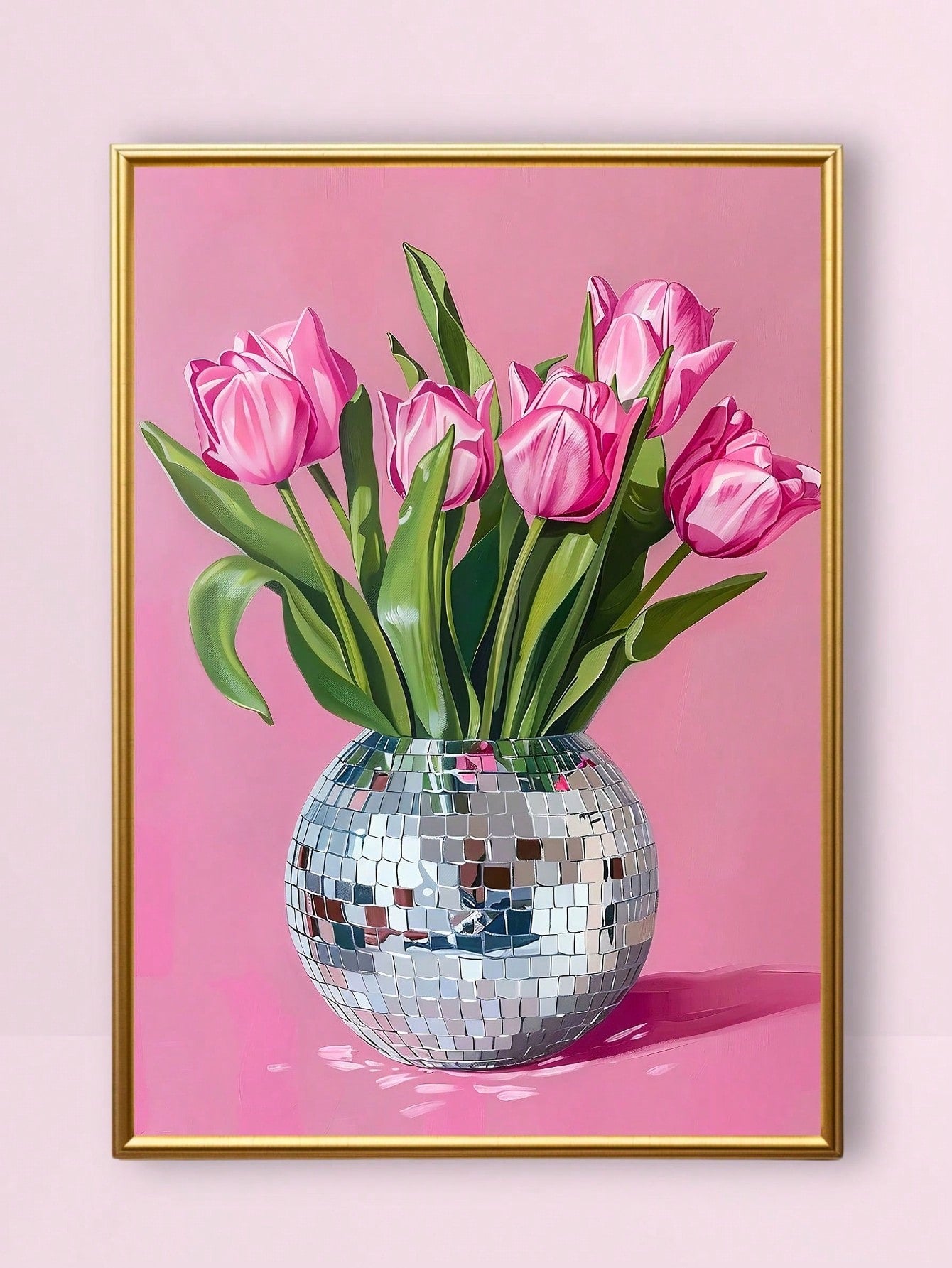 Add a splash of fun and flair to your space with this Chic Pink Tulips in Disco Ball Vase canvas art. Perfect for a flirty room, this trendy wall decor combines vibrant pink blooms with a sparkling disco ball vase, creating a playful and eye-catching centerpiece. Brighten your walls and let your personality shine with this unique and stylish piece.
