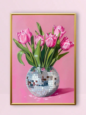 Add a splash of fun and flair to your space with this Chic Pink Tulips in Disco Ball Vase canvas art. Perfect for a flirty room, this trendy wall decor combines vibrant pink blooms with a sparkling disco ball vase, creating a playful and eye-catching centerpiece. Brighten your walls and let your personality shine with this unique and stylish piece.