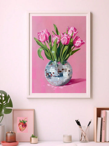 Add a pop of fun and flair to your space with this Chic Pink Tulips in Disco Ball Vase Canvas Wall Art. Perfect for trendy, preppy rooms, this playful piece combines vibrant pink tulips with a sparkling disco ball vase for a flirty, eye-catching vibe. It’s the ideal wall art to brighten your room and lift your spirits with a splash of color and a dash of dance-floor charm.