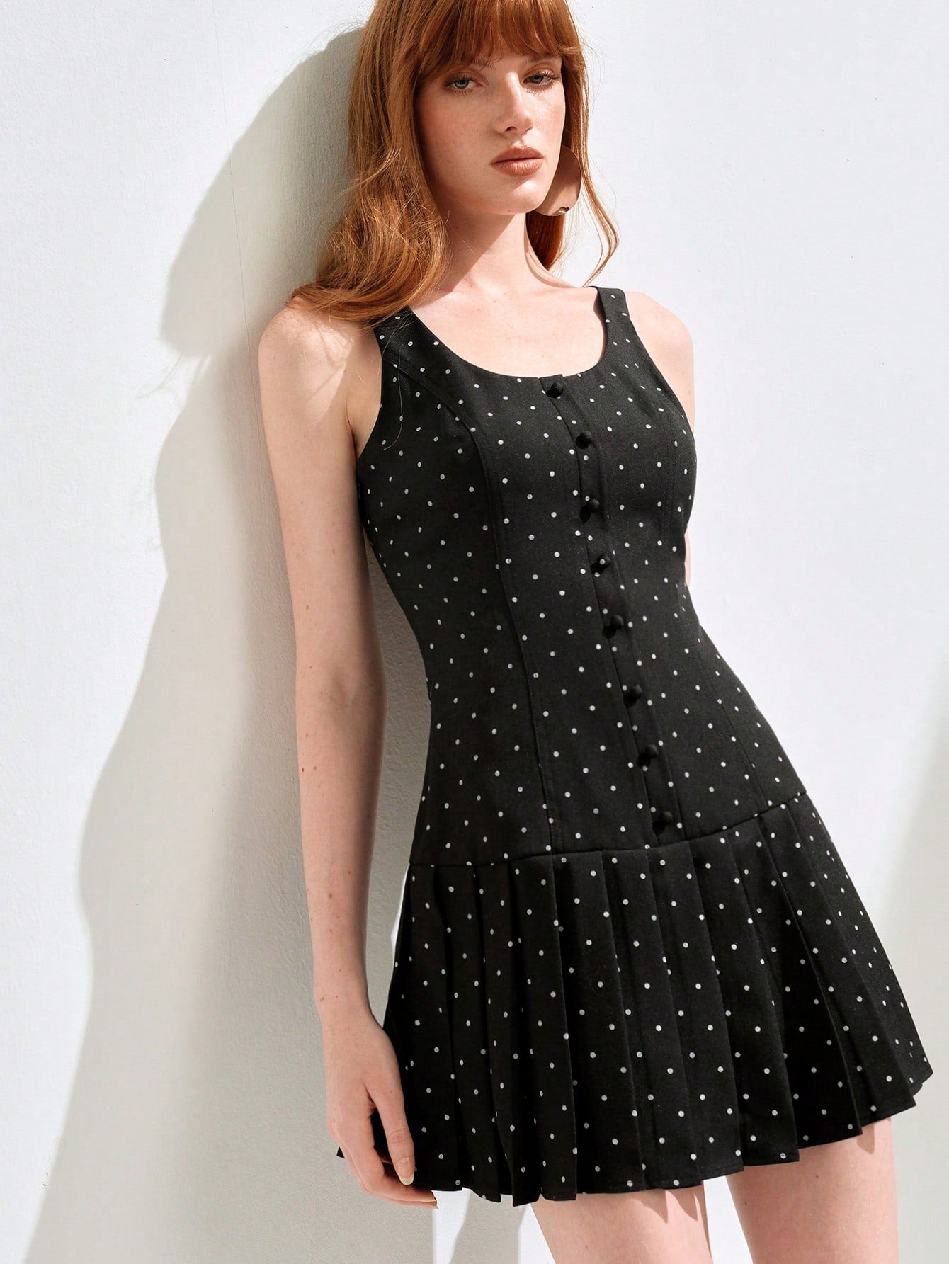 Step out in style with this playful polka dot dress featuring a chic pleated waist and a flattering square neckline. Its slim fit silhouette highlights your curves while adding a touch of elegance to any occasion. Perfect for those who love a fun yet sophisticated look!