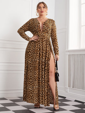 Unleash your fierce and confident style with our Chic Plus-Size Leopard Print Dress! With a plunging neckline and split thigh design, this dress will have heads turning. Dress it up for a night out or down for a day at the office. Embrace your inner wild side and make a statement with this bold and stylish dress!