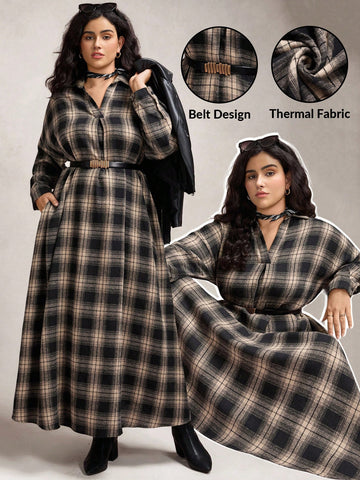 Step into fall with flair in this Chic Plus-Size Long Plaid Polo Collar Dress! Its classic plaid and comfy polo collar bring effortless style to your office days, while handy pockets keep essentials close. Designed to flatter and flow, this dress makes dressing up fun and easy every time.