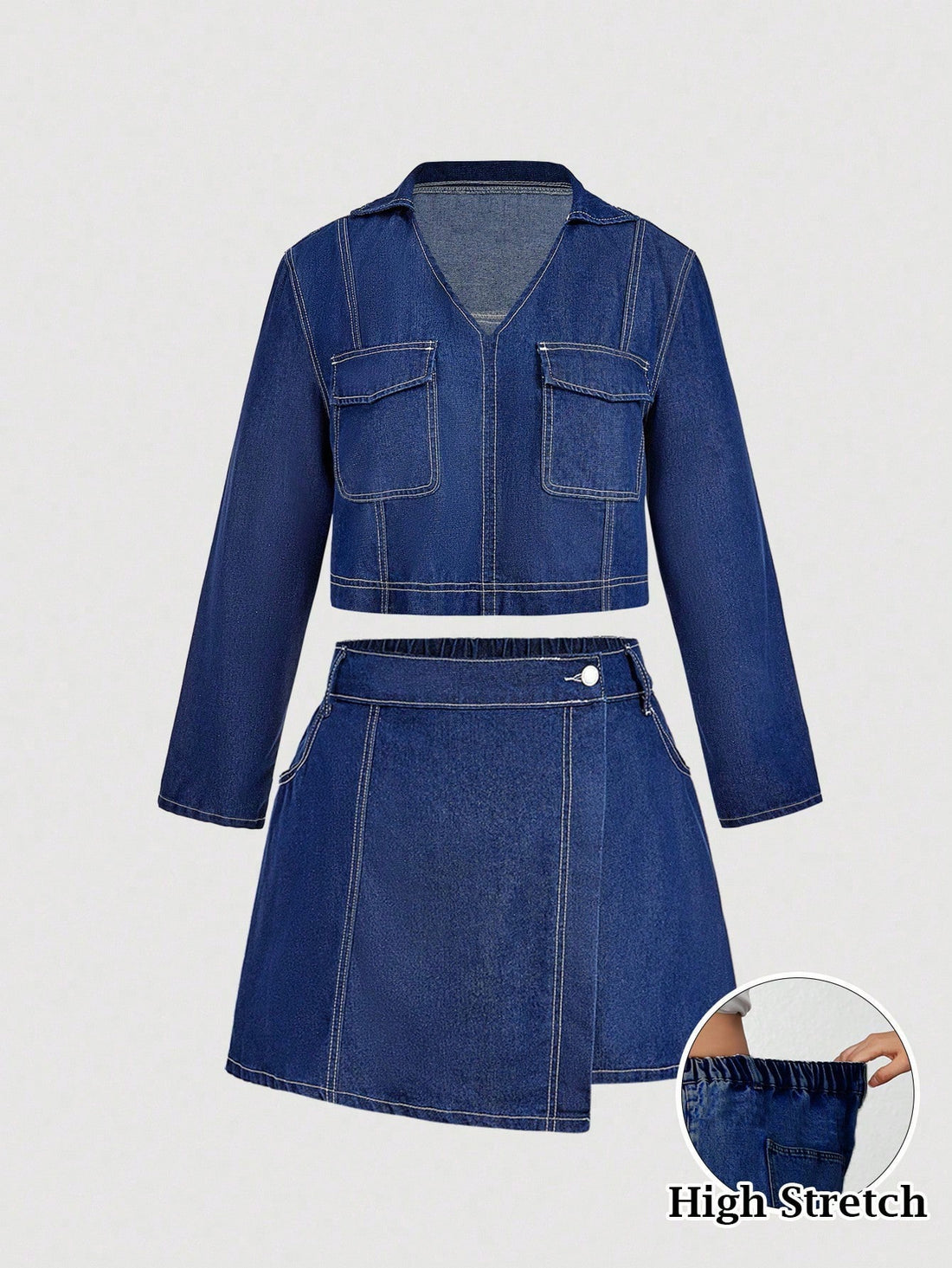 Elevate your wardrobe with this fabulous denim duo that's ready for anything! Our plus-size jacket and skirt set combines timeless denim style with modern versatility—dress it up for the office or keep it casual for weekend adventures. The perfectly paired pieces work together seamlessly or mix-and-match with your existing closet staples. Crafted for comfort and confidence, this set celebrates your curves while delivering that effortless chic vibe. From fall brunches to business meetings, you'll love how ea