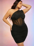 Turn heads effortlessly with this Chic Plus One Shoulder Ruched Bustier Dress. Its playful ruched detailing and flattering bustier fit highlight your curves, while the single shoulder design adds a dash of daring elegance. Perfect for any special occasion where you want to shine and have a little fun with your style.