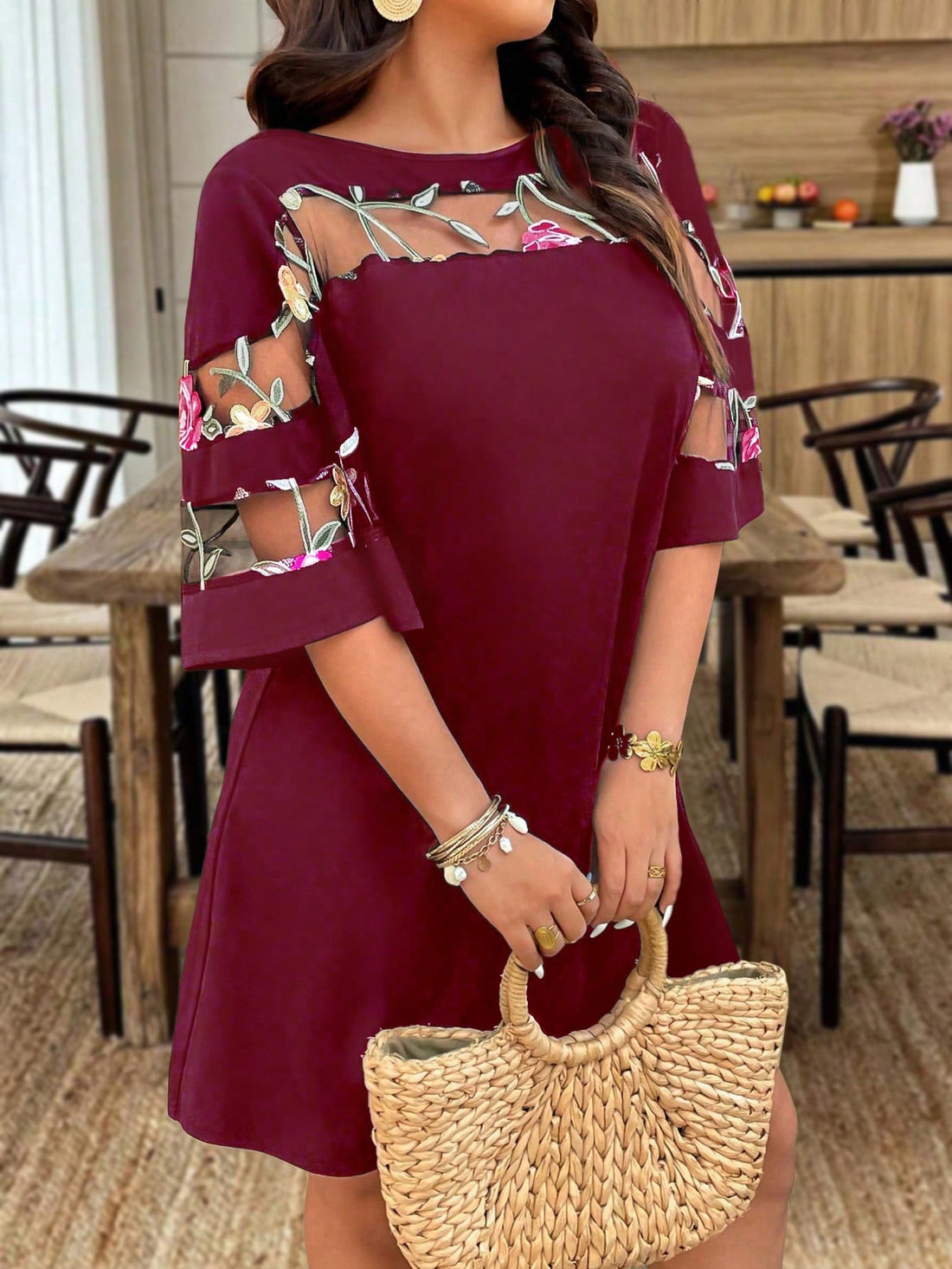 Step out in style with this chic plus size dress featuring an eye-catching asymmetrical mesh panel. Crafted from soft knit fabric, it offers comfy wear all day long. The boat neck and short sleeves add a breezy vibe perfect for casual vacations or daily commutes. Effortlessly playful and flattering, this dress is your new go-to for turning heads with ease.