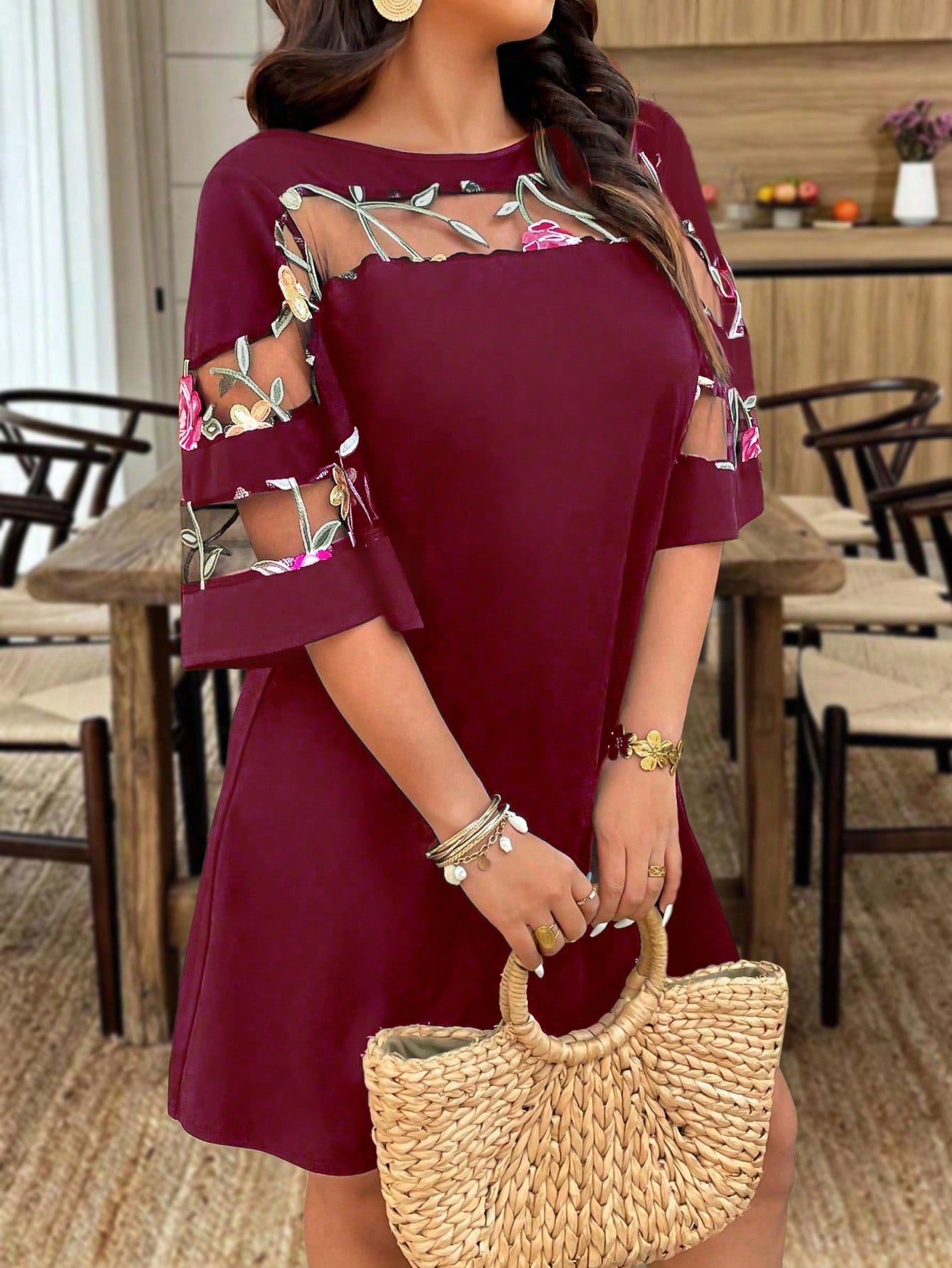 Step out in style with this chic plus size dress featuring an eye-catching asymmetrical mesh panel. Crafted from soft knit fabric, it offers comfy wear all day long. The boat neck and short sleeves add a breezy vibe perfect for casual vacations or daily commutes. Effortlessly playful and flattering, this dress is your new go-to for turning heads with ease.