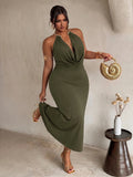 Front view of army green plus size halter maxi dress with gold collar and draped neckline