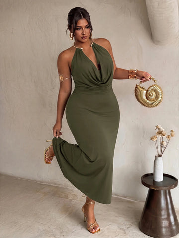 Front view of army green plus size halter maxi dress with gold collar and draped neckline