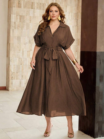 Shop a plus size bamboo linen V-neck dress with a front tie. Perfect for summer parties, brunch, garden events, vacations, and elegant warm-weather occasions.