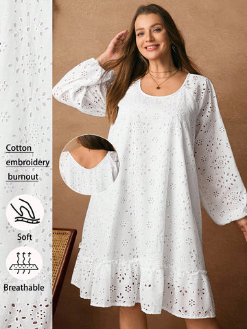 Embrace cozy charm in this Chic Plus Size Boho Eyelet Dress, designed with playful lantern sleeves that add a flirty flair to your fall and winter wardrobe. The delicate eyelet details brighten cool days, while the flowing silhouette ensures all-day comfort and confidence. Perfect for layering or wearing solo, this dress brings whimsical style to chilly seasons with ease and grace.