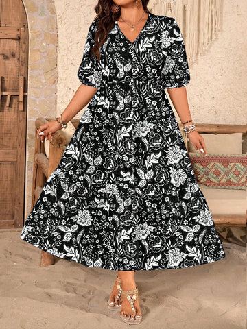 Embrace sunny days in this playful plus size boho dress, featuring a vibrant tropical print and flirty puff sleeves. The flattering V-neck adds a touch of charm, while the breezy fabric keeps you cool and comfortable. Perfect for effortless summer style, this dress lets you dance through warm evenings with confidence and ease.