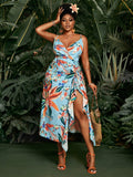 Embrace vacation vibes in this playful plus size cami dress! The eye-catching plant print adds tropical flair while the flirty side slit lets you show just the right amount of leg. Perfect for beach days, dinner dates, or simply lounging in style - this effortless piece is your ticket to looking fabulous without trying too hard!