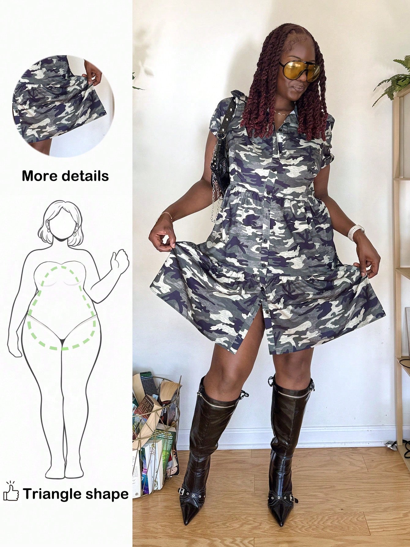 Embrace your curves with this fabulous camo print summer dress designed specifically for pear-shaped figures! The strategic cut flatters your silhouette while the bold camouflage pattern adds an edgy, fashion-forward vibe. Perfect for casual outings, weekend brunches, or nights out with friends, this plus-size piece combines comfort with confidence. The lightweight fabric keeps you cool and breezy, while the flattering fit ensures you'll feel amazing all day long. Make a statement and own your style!