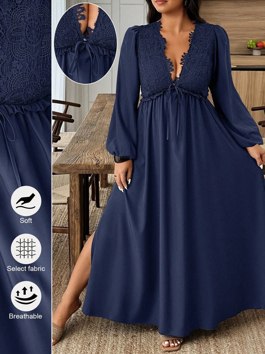 Elevate your fall wardrobe with this fabulous plus-size dress that effortlessly blends comfort and style. Featuring delicate lace patchwork details against a solid, versatile base, this piece strikes the perfect balance between casual and chic. The thoughtful design flatters curves while keeping you cool and comfortable through the season. Whether you're heading to brunch, running errands, or enjoying a night out, this dress adapts to any occasion with ease. Embrace your best self in a look that celebrates 