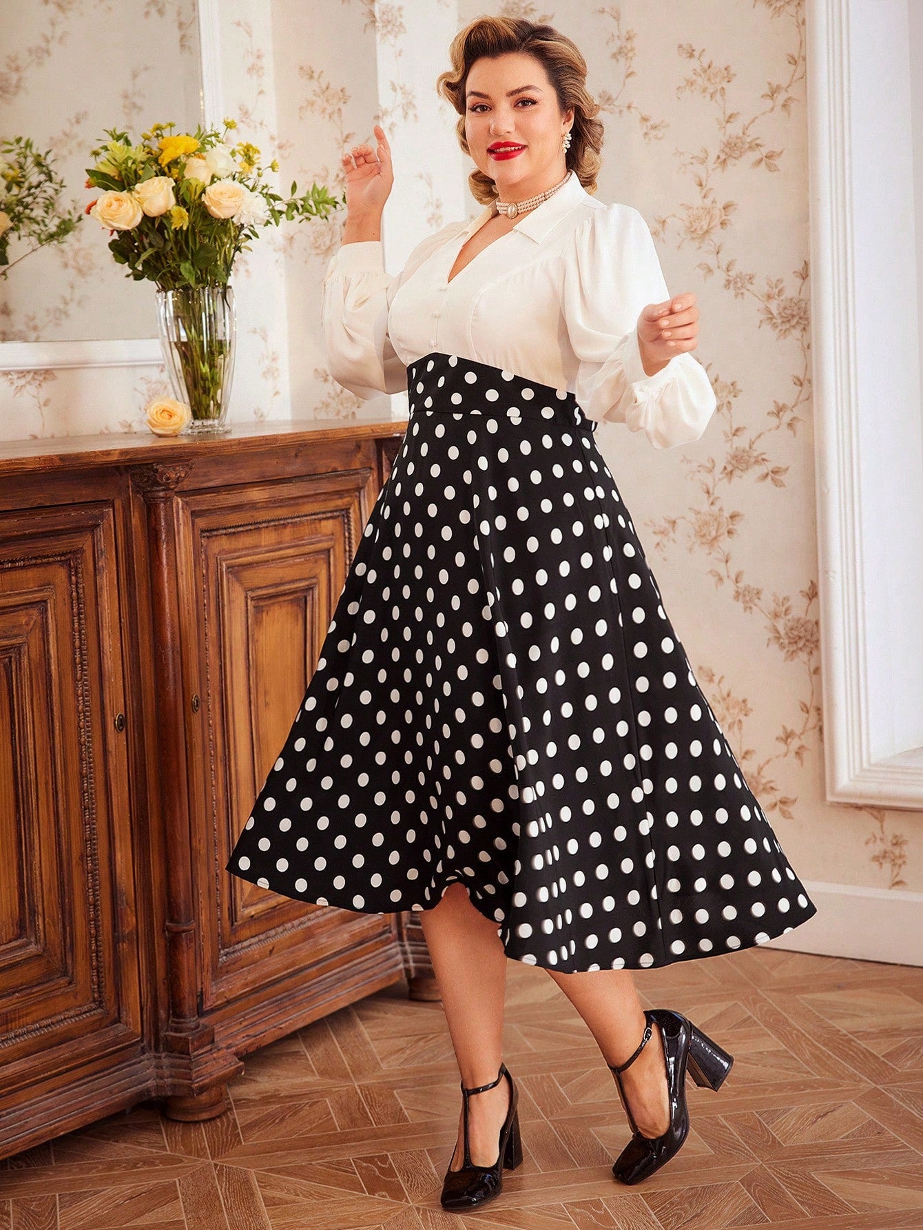 Add some quirk and fun to your wardrobe with our Chic Plus Size Colorblock Polka Dot Dress! Featuring a trendy shirt collar and a flared hem, this dress is perfect for those who like to make a statement. Say goodbye to boring dresses and hello to playful style!