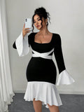 Elevate your fall wardrobe with this stunning plus-size dress that's equal parts bold and beautiful. The striking contrast color blocking catches every eye, while the flattering square neckline frames your face perfectly. Bell sleeves add a touch of whimsy and movement, creating an effortlessly chic silhouette that works for brunch, date night, or anywhere you want to feel fabulous. Designed for real bodies and real style, this dress proves that fashion should always be fun and flattering.
