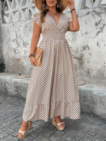 Embrace vacation vibes in this playful plus-size dress! The deep V-neck flatters your neckline while the drawstring waist creates a customizable silhouette that hugs in all the right places. The eye-catching full print turns heads whether you're strolling beachside or sipping cocktails at sunset. Your perfect getaway companion awaits!