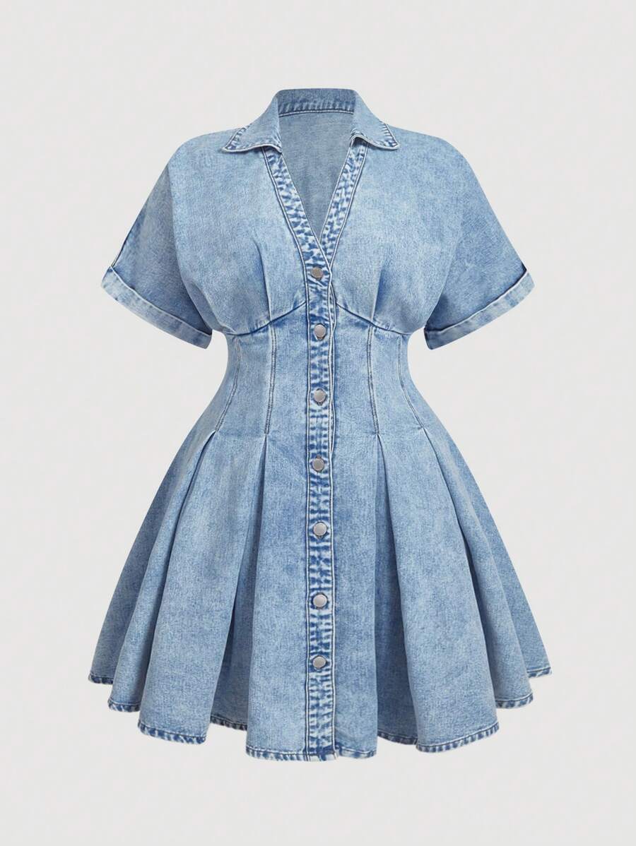 Front product view of light acid-wash denim mini dress with pleated hem