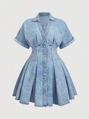 Front product view of light acid-wash denim mini dress with pleated hem