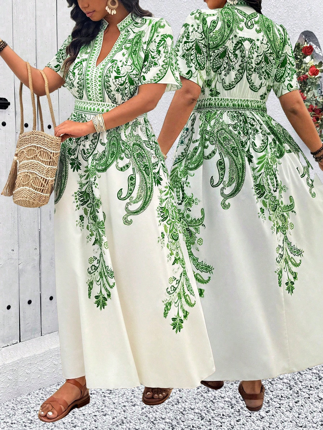 Step into summer with this playful plus size midi dress, featuring a fresh green and white floral pattern that brightens any day. Its flattering cut offers comfort and style, making it perfect for effortless outings or garden parties. Embrace easy elegance and let your vibrant personality bloom in this charming dress.
