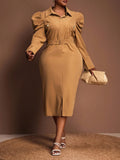 Turn heads in this chic plus size khaki bodycon midi dress! Featuring a smart collared neckline and a daring front slit, it combines sleek office vibes with a hint of fun flair. Perfectly tailored to hug your curves, this dress ensures you feel confident and stylish from desk to dinner. Elevate your work wardrobe with a playful twist on classic sophistication.