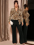 Elevate your wardrobe with this fabulous two-piece set that effortlessly transitions from boardroom to night out! The leopard print V-neck blouse brings a wild, sophisticated edge with its flattering neckline, while the sleek black pants provide the perfect polished foundation. This dynamic duo works overtime—pair them together for a statement look or mix and match with your existing pieces. Perfect for plus-size fashion lovers who refuse to compromise on style, this autumn and winter essential delivers con