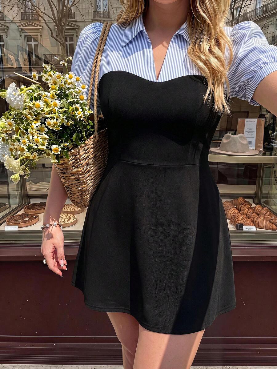 Model wearing black plus size skater mini dress with blue striped collar