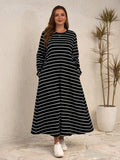 Step out in style with this Chic Plus Size Long Sleeve Striped Dress, designed to combine comfort and flair effortlessly. The flattering stripes and roomy pockets make getting ready a breeze and keep your essentials close. Perfect for those days when you want to look fabulous without any fuss!