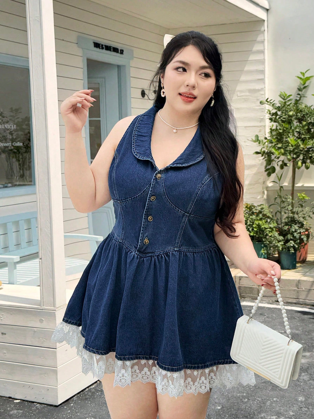 Step into effortless charm with this Chic Plus Size Mid Blue Denim Dress, finished with delicate lace trim for a flirty touch. Its mid-blue wash brings classic denim vibes, while the playful lace detail adds a sweet academy flair. Designed to flatter curves comfortably, this dress is your go-to for casual outings with a twist of whimsy. Embrace your style and brighten any day with this fun, feminine piece!