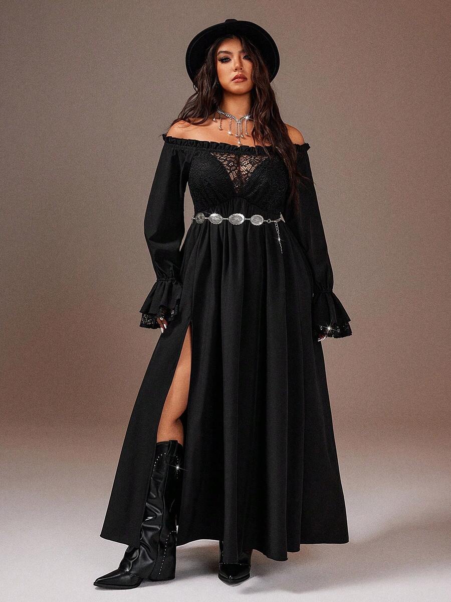 Elevate your wardrobe with this stunning off-shoulder lace dress that's equal parts romantic and bold. The delicate lace detailing pairs beautifully with playful ruffles, while the side slit adds a flirty touch of sass. Long sleeves keep things sophisticated, and the generous plus-size fit ensures you'll feel confident and comfortable all day long. Perfect for date nights, special occasions, or whenever you want to turn heads and feel fabulous in your own skin.