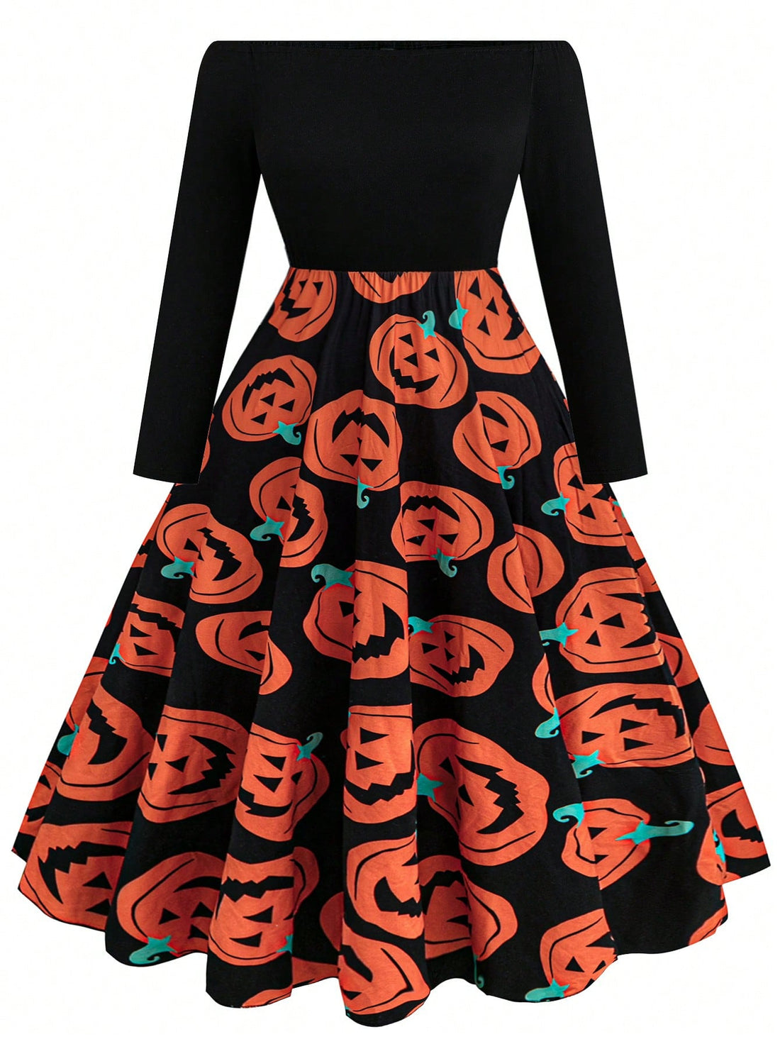 Get ready to slay this Halloween with our Chic Plus Size Off-Shoulder Midi Dress! Featuring a playful pumpkin print, this dress will make you the life of any celebration. The off-shoulder design adds a touch of sass, while the midi length keeps it classy. Perfect for all Halloween festivities. Get it now!