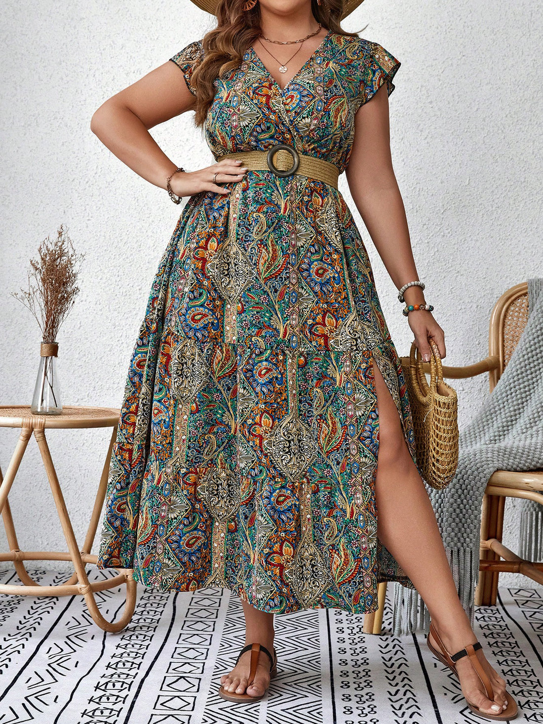 Get ready to turn heads in this Chic Plus Size Paisley Print Butterfly Sleeve Split Thigh Dress. The bold print and fun butterfly sleeves make this dress a unique and playful addition to your wardrobe. With a flattering split thigh design, you'll feel confident and stylish all day long.