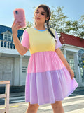 Introducing our chic plus size pastel color block dress, designed with a cinched waist for a flattering fit. Made with expert craftsmanship and attention to detail, this dress is perfect for any occasion. The pastel colors add a touch of elegance and the cinched waist accentuates your curves. Elevate your style with this must-have dress.