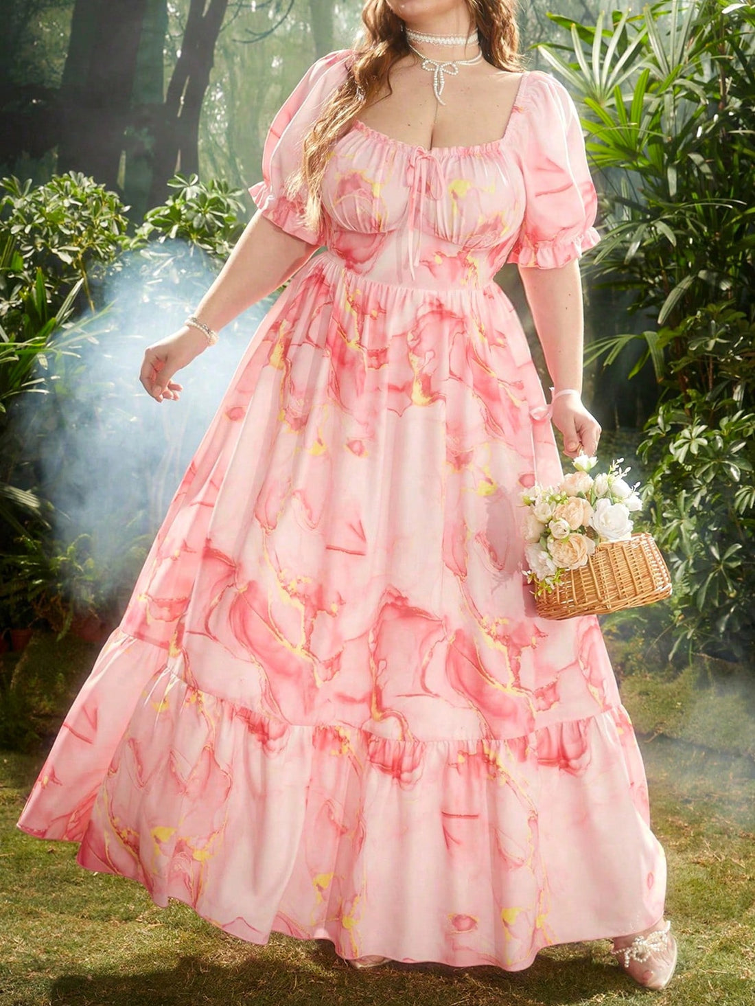 Turn heads with this Chic Plus Size Pink A-Line Dress! With a flattering sweetheart collar and cute puff sleeves, this dress is perfect for elegant vacations and parties. Comfortable and stylish, it's a must-have for any fashion-forward woman.