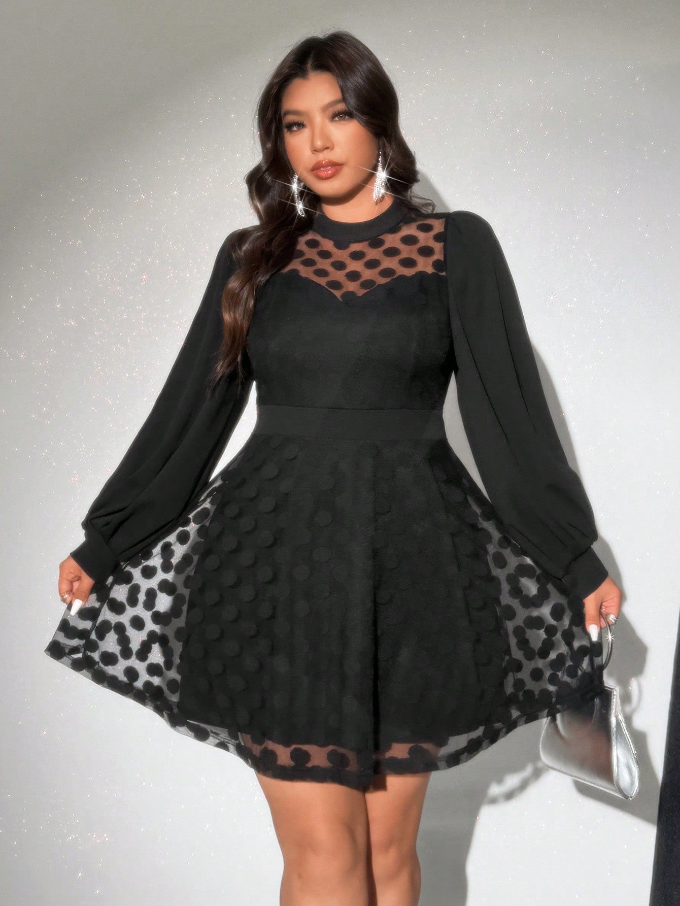 Celebrate love in style with this Chic Plus Size Polka Dot Mesh Panel Lantern Sleeve Dress. Featuring playful polka dots and airy mesh panels, its lantern sleeves add a flirty flair perfect for Valentine's Day. Designed to flatter curves comfortably, this dress combines charm and confidence for your special occasion.