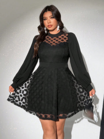 Celebrate love in style with this Chic Plus Size Polka Dot Mesh Panel Lantern Sleeve Dress. Featuring playful polka dots and airy mesh panels, its lantern sleeves add a flirty flair perfect for Valentine's Day. Designed to flatter curves comfortably, this dress combines charm and confidence for your special occasion.