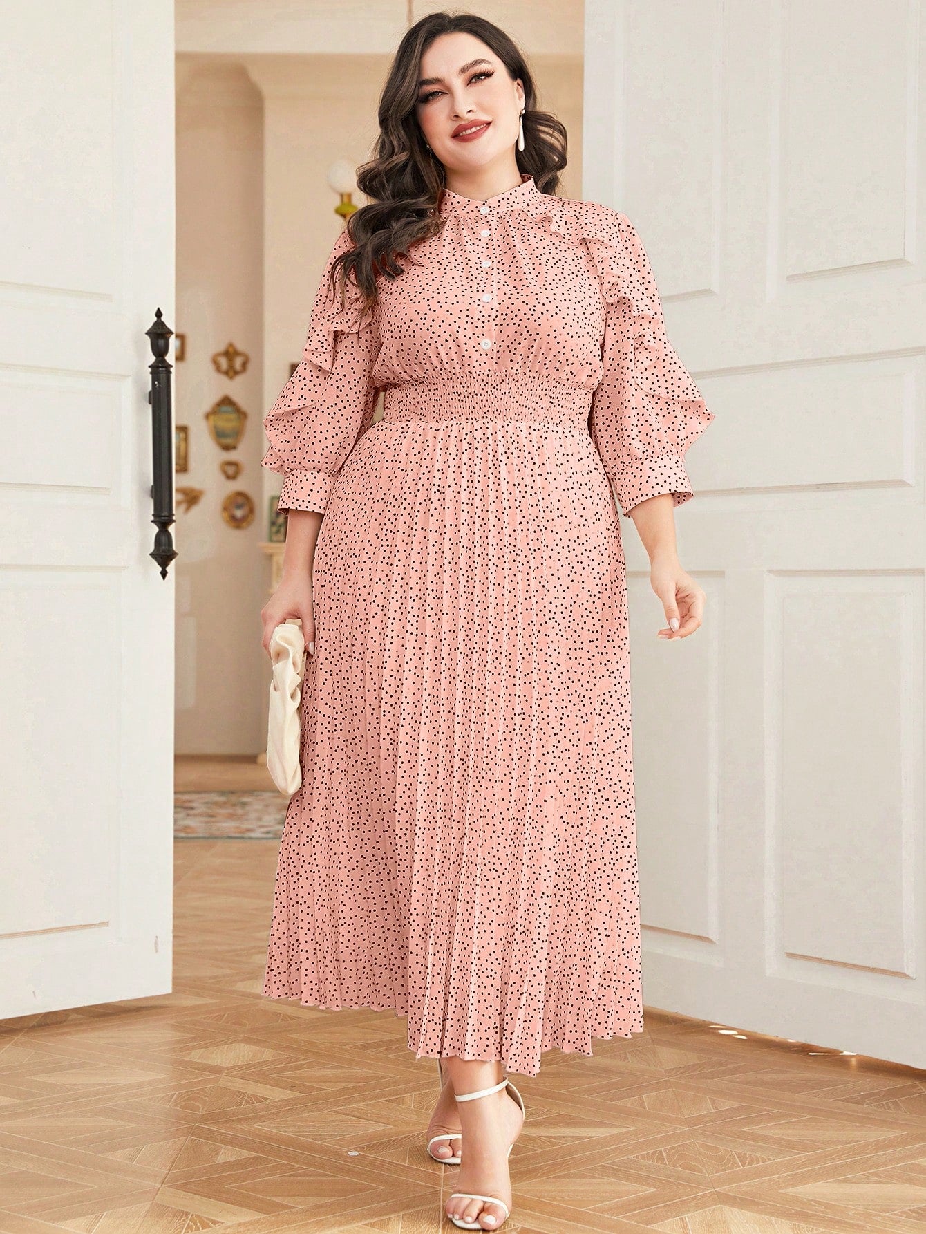 Embrace timeless charm with this playful plus size maxi dress featuring classic polka dots and flirty ruffle trims. The pleated hem adds a breezy movement that’s perfect for twirling through any occasion. Designed to flatter and celebrate curves, it’s your go-to for effortless style with a fun twist.