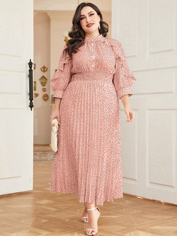 Embrace timeless charm with this playful plus size maxi dress featuring classic polka dots and flirty ruffle trims. The pleated hem adds a breezy movement that’s perfect for twirling through any occasion. Designed to flatter and celebrate curves, it’s your go-to for effortless style with a fun twist.