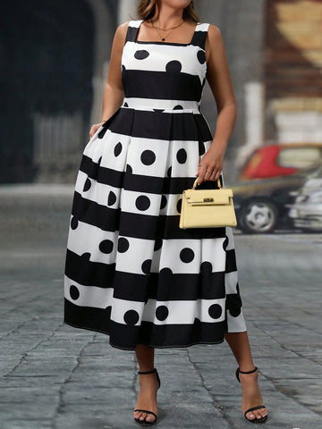 Effortlessly rock any occasion with this Chic Plus Size Polka Dot & Striped A-Line Dress. The playful polka dot and stripe pattern adds a touch of quirkiness to your style, while the A-line silhouette flatters your curves. Be ready to turn heads and receive compliments with this dress.