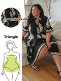 Embrace your curves with confidence in this stunning printed spliced long dress, expertly designed to flatter pear-shaped figures. The strategic color-blocking and flowing fabric create the perfect balance, skimming your silhouette while celebrating your natural shape. With its vibrant print and sophisticated length, this piece transitions seamlessly from day to night. Part of the Sometimes Glam Collection, it's the ultimate wardrobe essential for anyone who refuses to compromise on style or comfort. Becaus