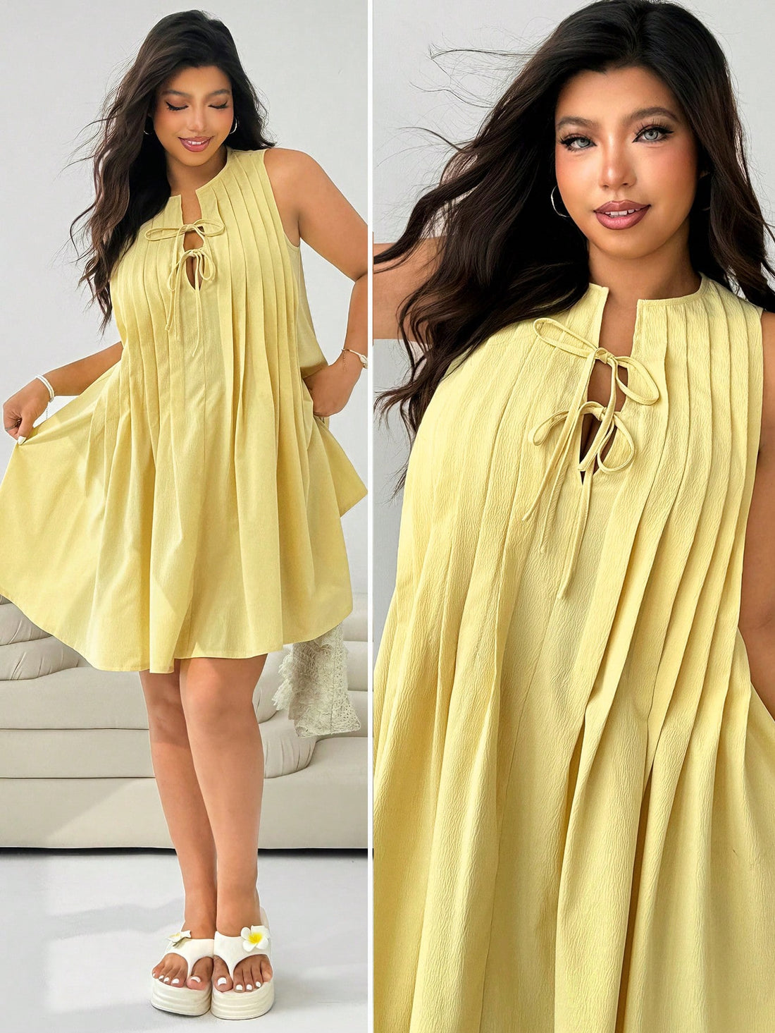 Step into the spotlight with this chic plus size holiday dress! Featuring a solid color and a playful tie front, its sleeveless design keeps you cool while turning heads. Perfect for effortless elegance, this dress lets you celebrate in style and comfort all season long.