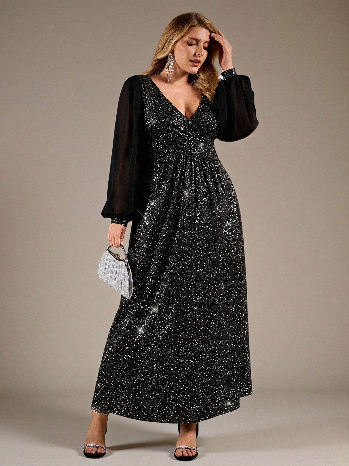Elevate your party game with this stunning plus-size dress that's all about glamorous vibes! The plunging V-neckline flatters beautifully while sparkling embellishments catch the light at every turn. Perfect for autumn and winter celebrations, this chic piece combines comfort with showstopping style. Whether you're heading to a holiday gathering or special night out, you'll feel confident and fabulous in this versatile stunner that proves elegance comes in every size.