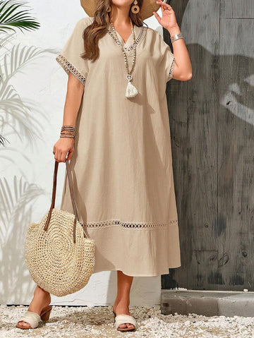 This chic plus size summer dress combines comfort with style, featuring a breathable hollow design and a flattering V-neckline. Its loose fit ensures ease of movement and all-day comfort, making it a versatile choice for warm-weather outings. Ideal for women seeking both elegance and a relaxed silhouette.