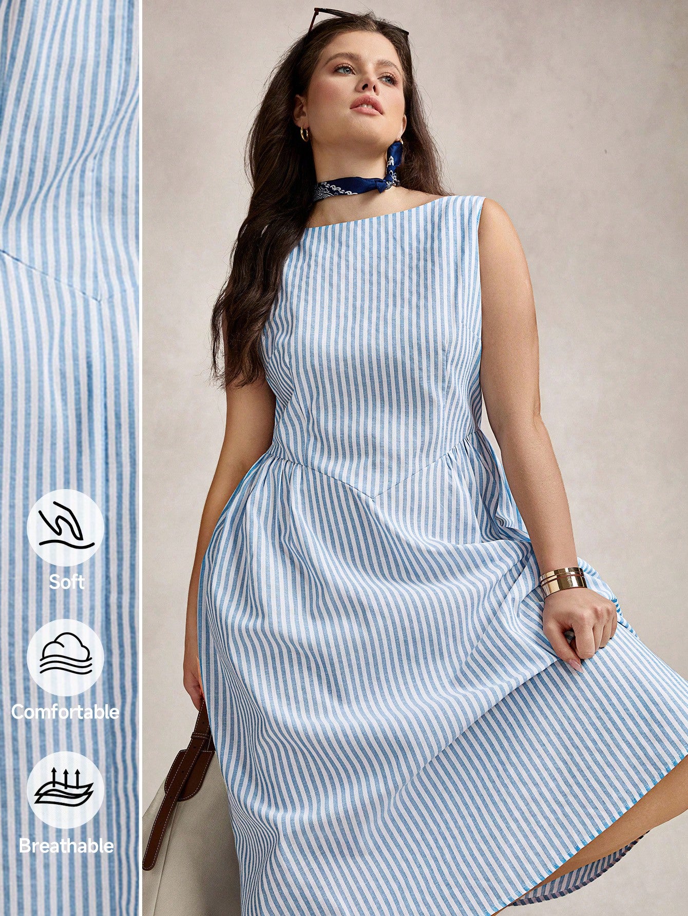 Step out in style with our Chic Plus Size Summer Striped Sleeveless Ruched Dress. Its flattering ruching and breezy sleeveless design keep you cool while turning heads. Stripes add a timeless touch, perfect for that effortless old money vibe. Perfect for sunny days when you want to feel both comfy and effortlessly chic!