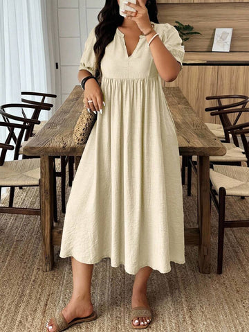 Escape the ordinary in this fabulous plus-size mini dress that's ready for your next adventure! The flattering V-neckline elongates while playful puff sleeves add a touch of whimsy and dimension. Perfect for beach days, resort dinners, or exploring charming new destinations, this dress transitions effortlessly from day to night. The mini length keeps things breezy and fun, while the thoughtful cut celebrates your curves with confidence. Pack it, wear it, love it—vacation style just got an upgrade!