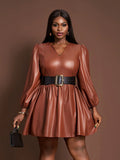 Turn heads with this Chic Plus Size V-Neck PU Leather Dress, designed to flaunt your style with a playful edge. The sleek PU leather adds a bold vibe while the lantern sleeves bring a touch of whimsy and elegance. Perfect for nights out or special occasions, this dress hugs your curves and lets your confidence shine bright. Embrace fashion that’s as fun as you are!