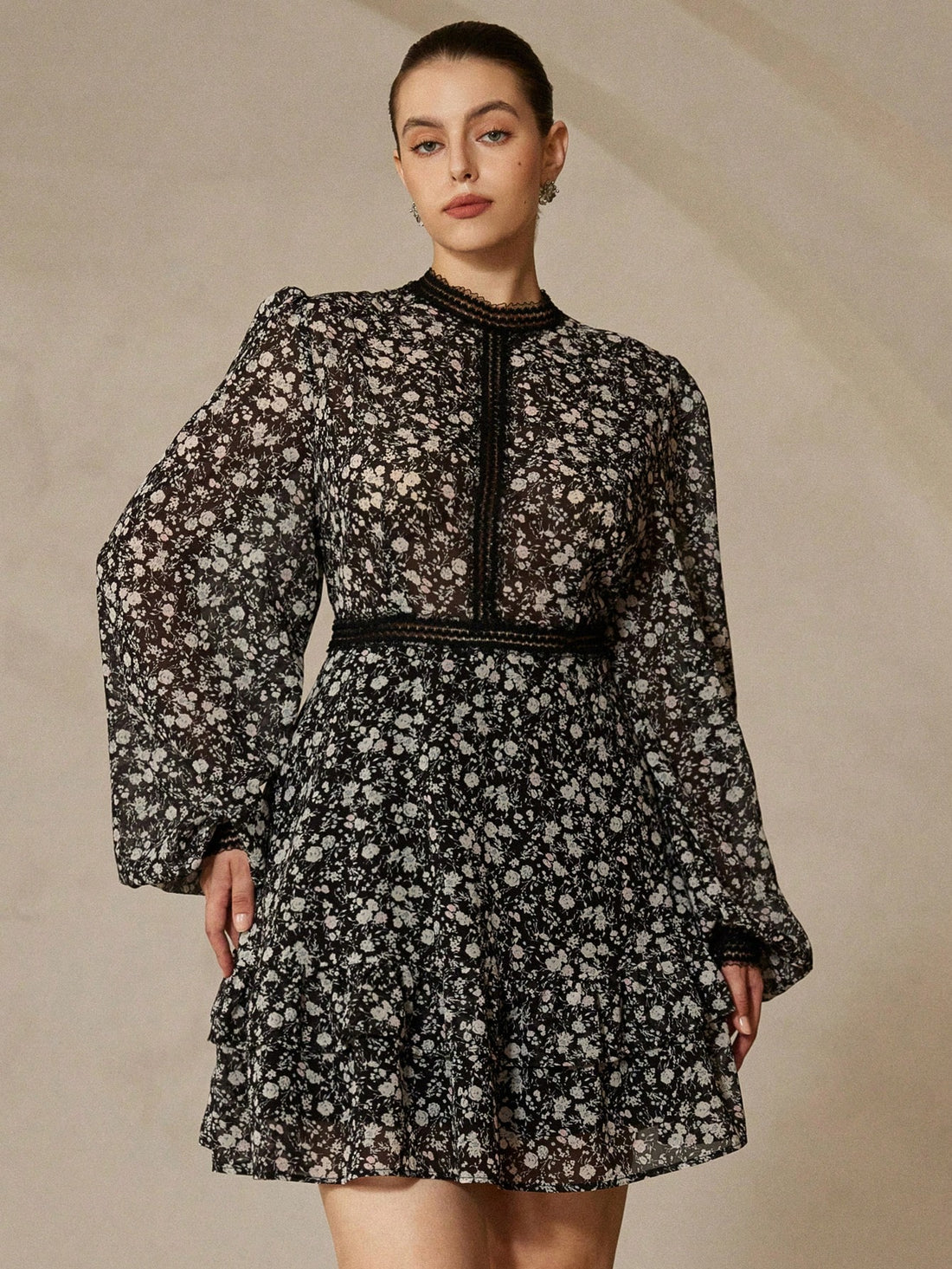 Twirl into autumn with this charming plus-size mini dress that celebrates vintage flair with modern comfort. Adorned with delicate floral prints, it features romantic sheer chiffon puff sleeves that add a touch of whimsy and dimension. The cinched waist with belt detail creates a flattering silhouette while keeping things effortlessly chic. Perfect for brunch dates, casual outings, or whenever you want to feel fabulous in your own skin. This dress proves that timeless style has no size limit.