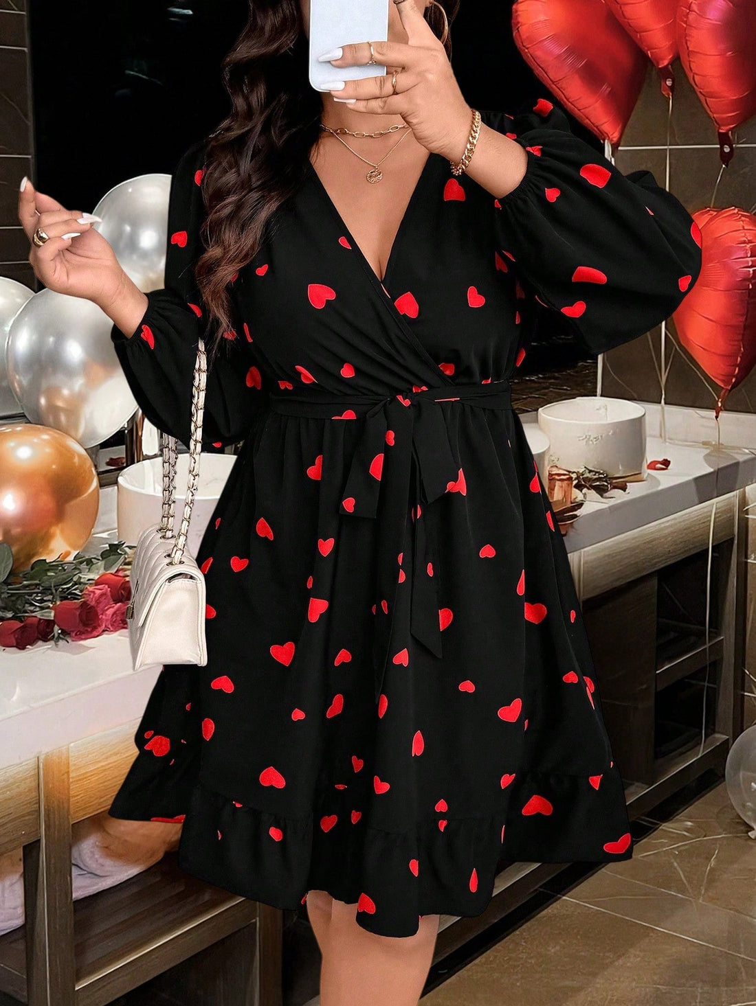 Get ready to turn heads in this chic plus size dress! With a cross v-neckline and heart print design, this belted dress is perfect for any occasion. Plus, the flattering fit and trendy details will keep you feeling confident and stylish all day long. (Heartfelt compliments included!)