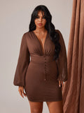 Turn heads on your getaway in this show-stopping bodycon mini dress! The daring deep V-neckline and flirty lantern sleeves create an effortlessly chic silhouette that celebrates your curves. Crafted for plus-size figures, this dress hugs you in all the right places while the playful sleeve details add movement and personality. Perfect for beach days, dinner dates, or sunset strolls—pack it, wear it, slay it. Your vacation wardrobe just got a major upgrade!
